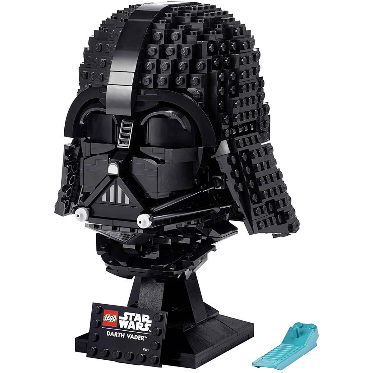 Closeup of LEGO Darth Vader Helment on a display.