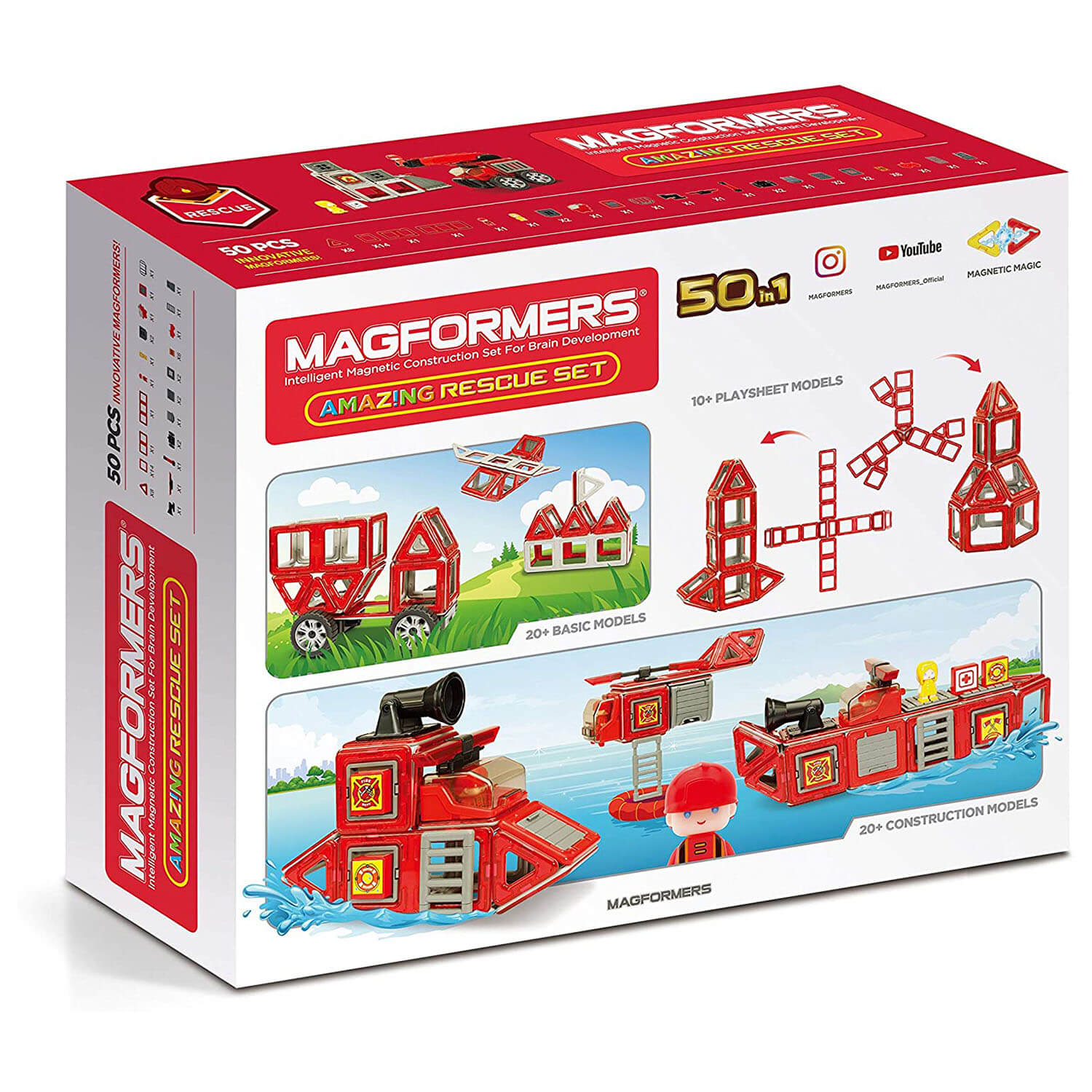 Front view of the Magformers Amazing Rescue 50 Piece Set package.