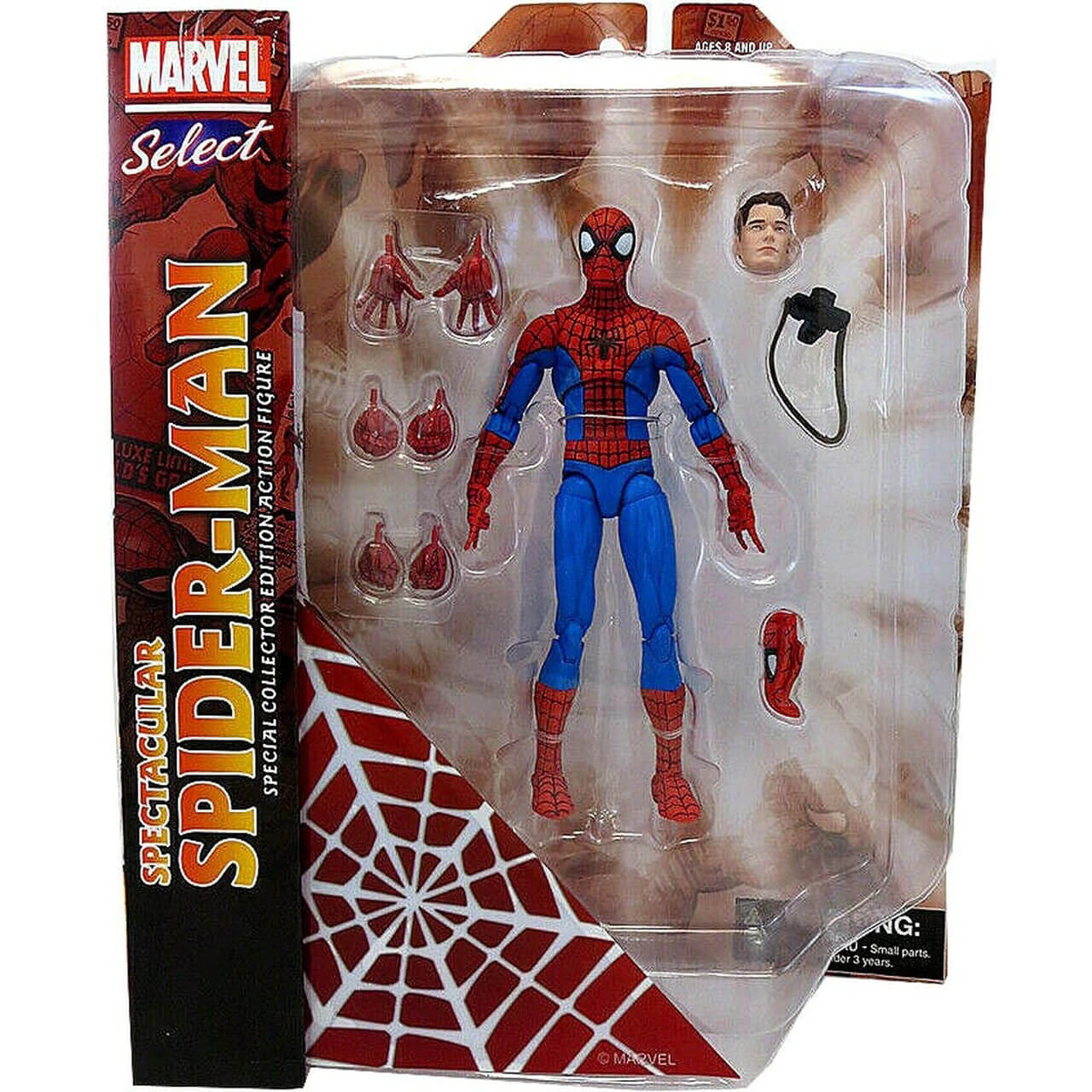 Marvel Select Spectacular Spider-Man Special Collector Edition Action Figure shown in package includes multiple heads and hands.