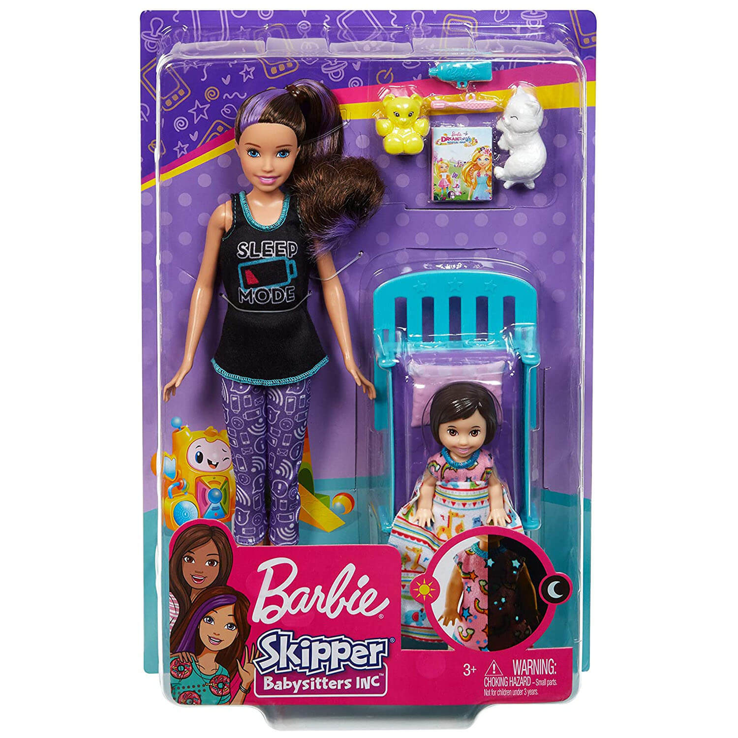 Front view of the Barbie Skipper Babaysitter INC Doll Bedtime Playset package.