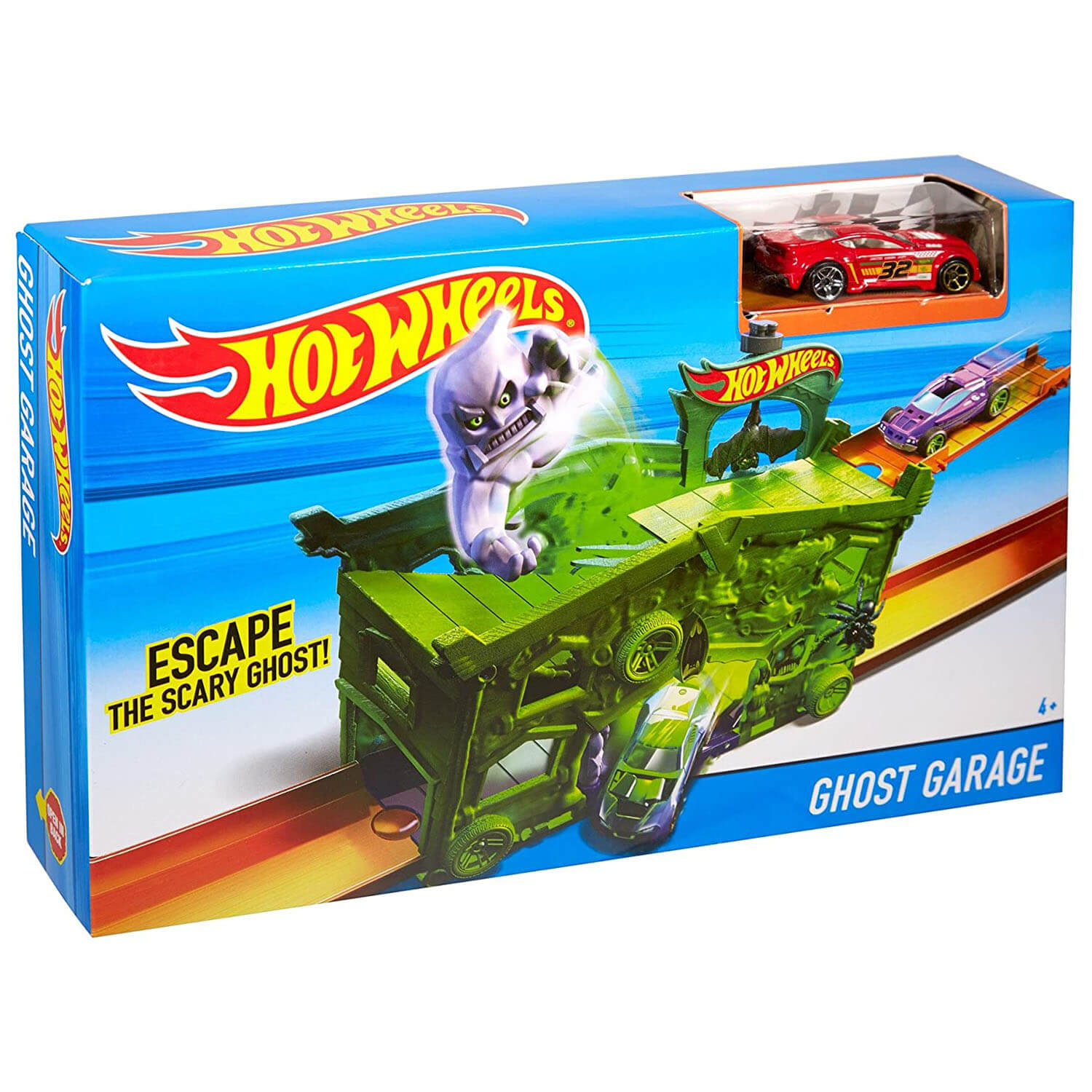 Front view of the Hot Wheels Ghost Garage Playset package.