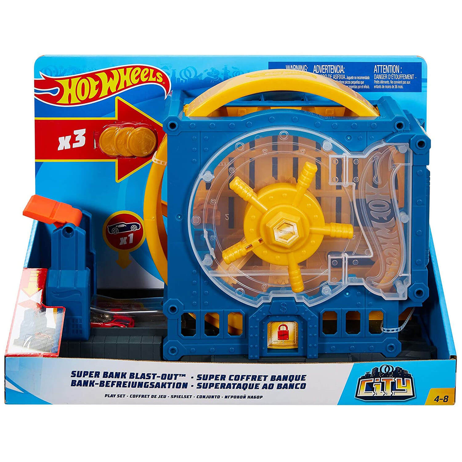 Front view of the Hot Wheels City Super Bank Black-Out Play Set package.