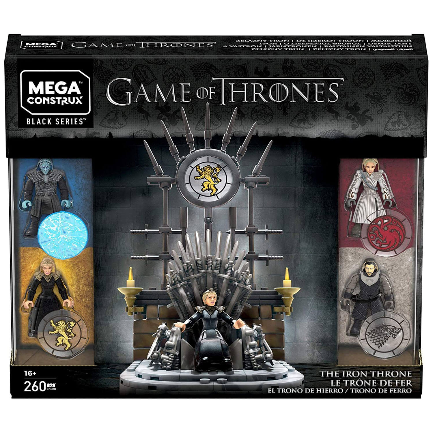 Front view of the Mega Construx Game Of Thrones The Iron Throne 258 pcs Building Set package.