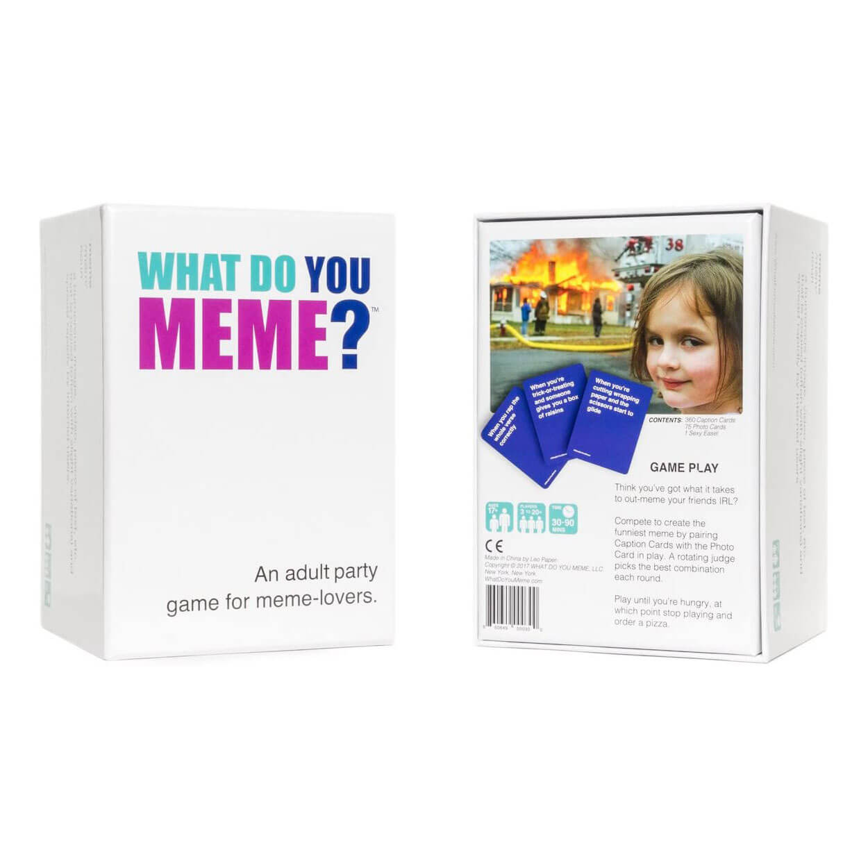Front and back view of the What Do You Meme Card Game packaging.