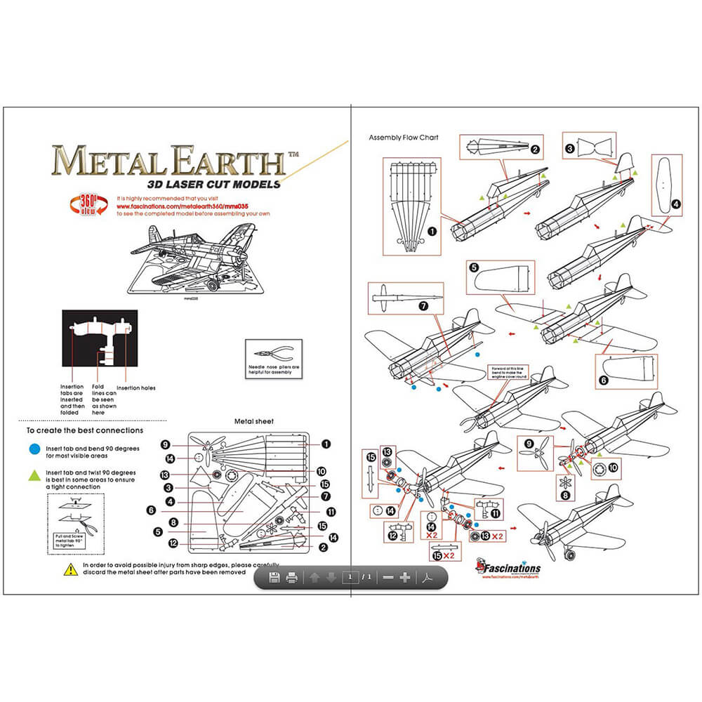 Metal Earth Northrop Grumman F4U Corsair 1 Sheet Metal Model Kit