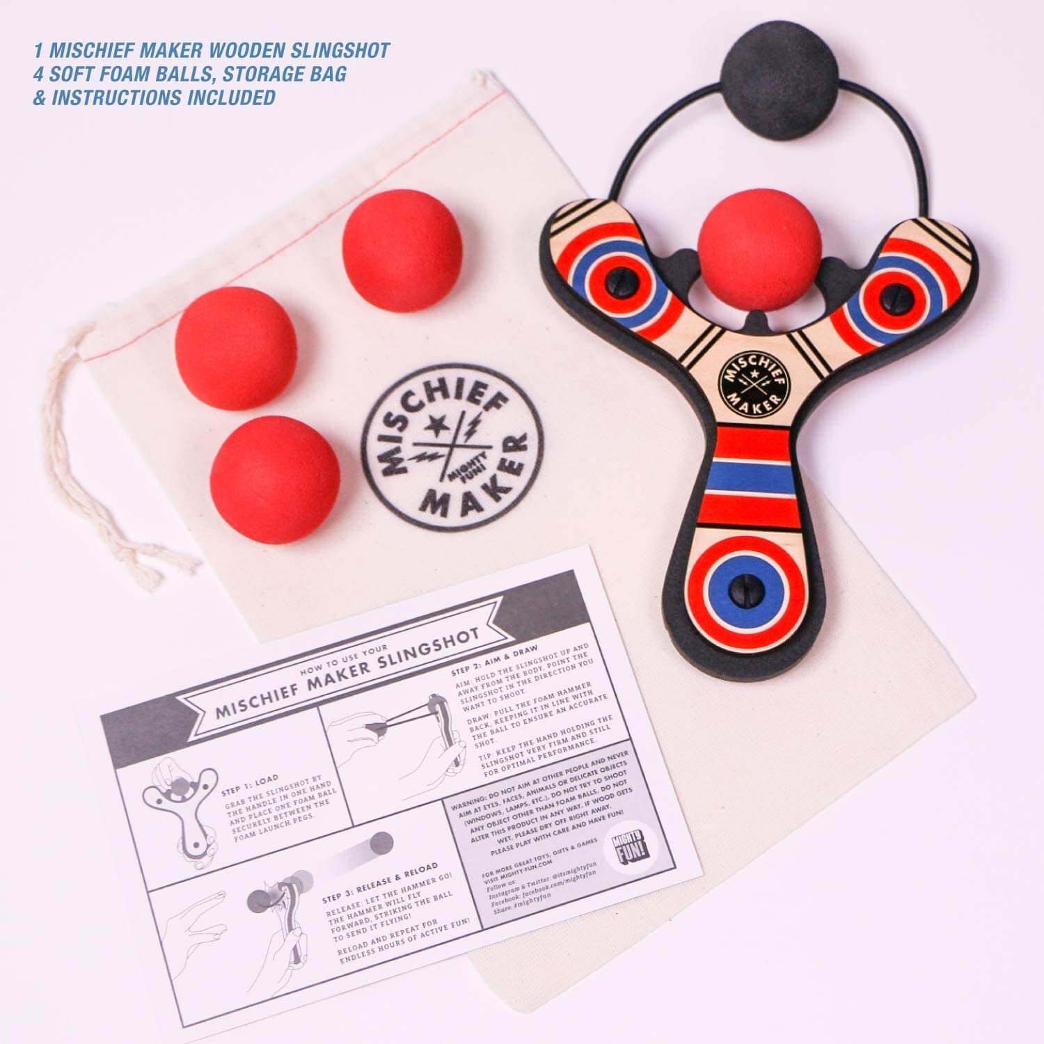 Mighty Fun Mischief Maker Red Slingshot with 4 Balls