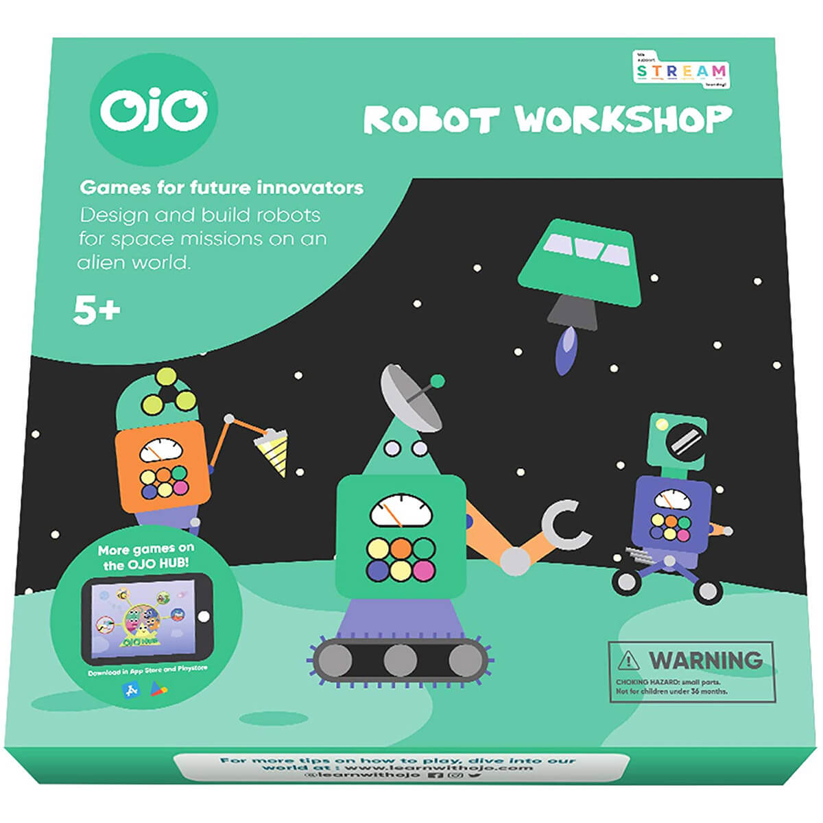 Front of the OjO Robot Workshop Game package, which says Games for future innovators.