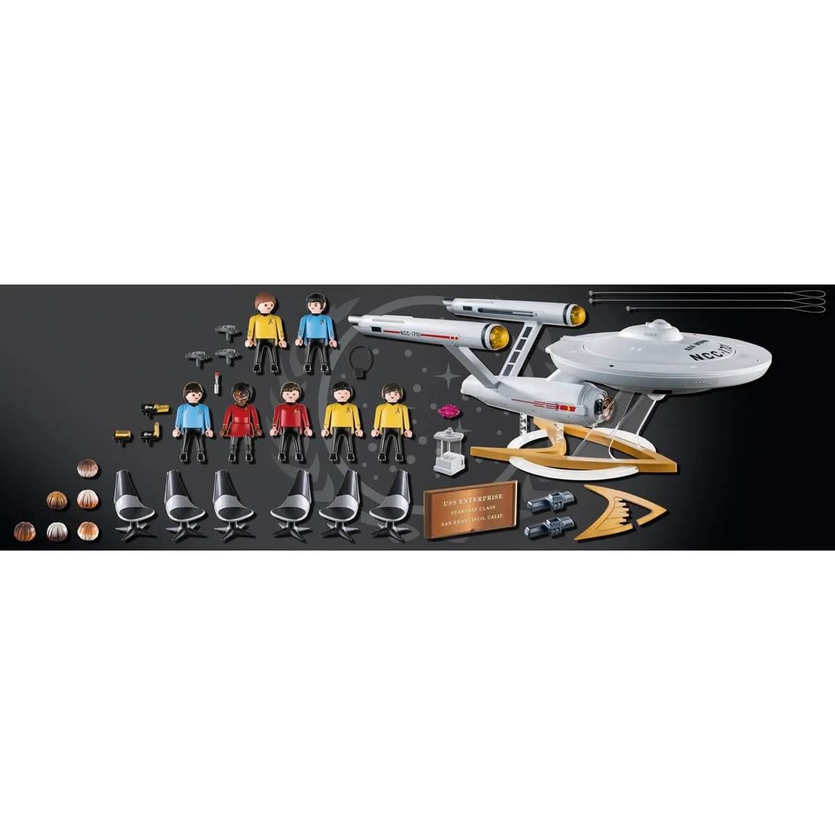 Included is the U.S.S. Enetrprise, Kirk, Spock, McCoy, Scotty, Uhura, Sulu, Chekov, phasers, devices, dilithium crystal container, chairs, hair-pieces, plaque, insignia display stand, wire hanger, and accessories.