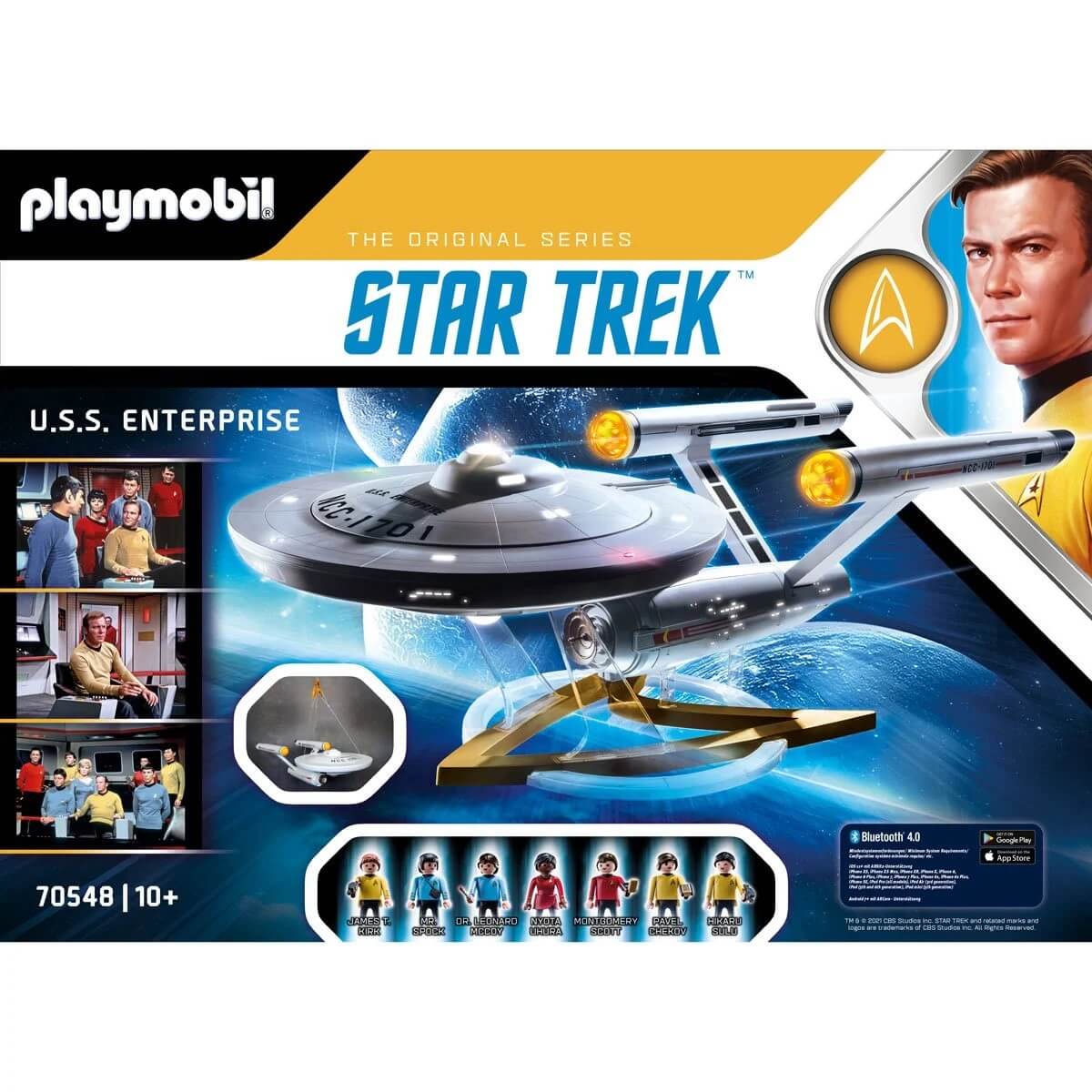 Package back of the Playmobil Star Trek Enterprise Set shows the ship on a display stand, scenes from TOS and all seven figures included.