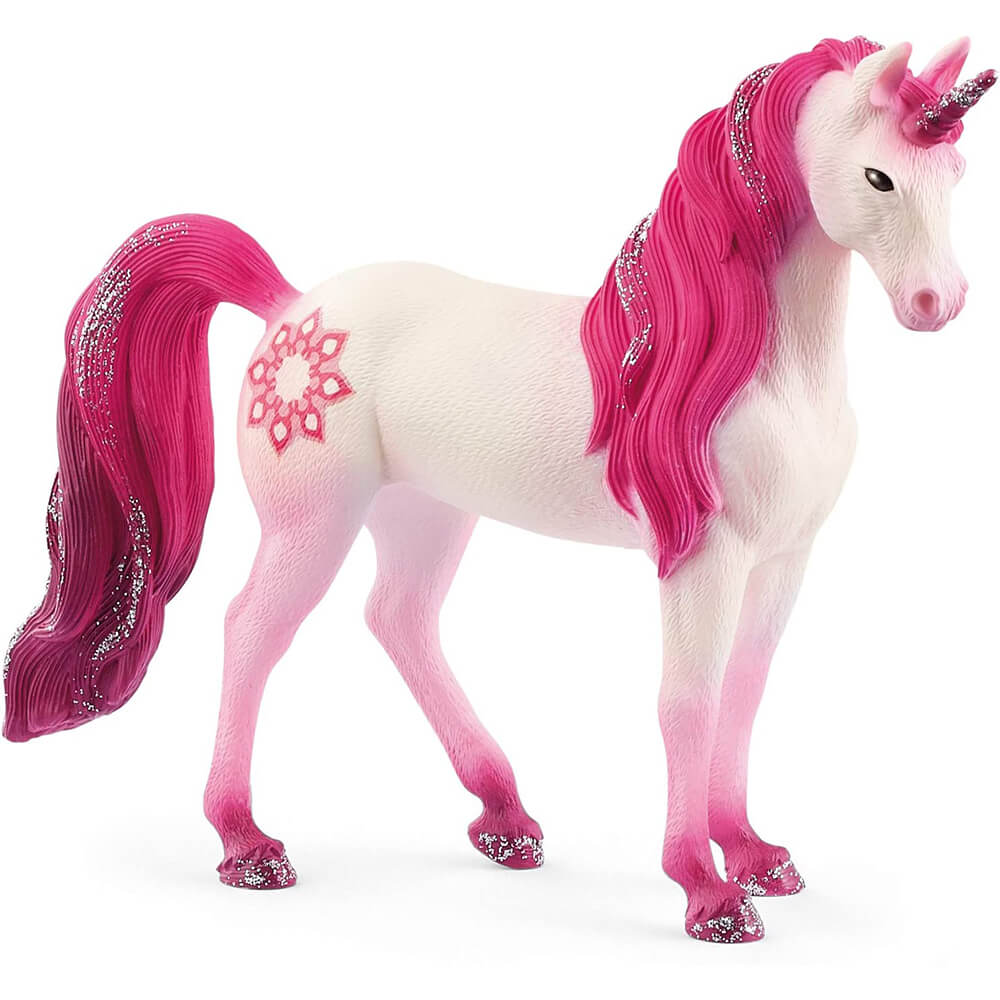 Schleich Bayala Mandala Unicorn Mare figurine with a white textured body, pink legs, glitter-streaked magenta mane and tail, and floral marking on its hindquarter, viewed from behind on white.