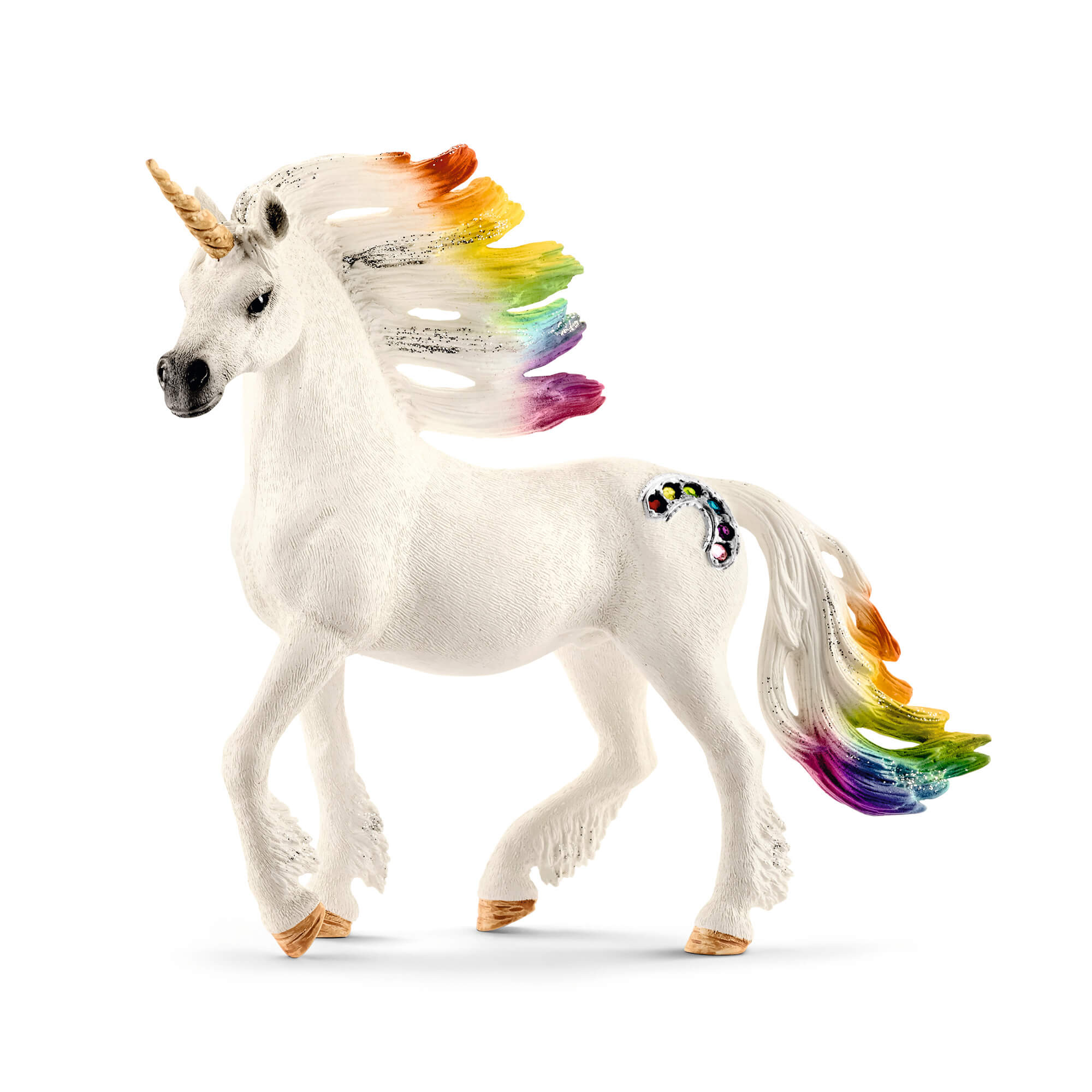 Schleich bayala rainbow unicorn stallion has a white textured body, golden spiral horn, flowing multicolored mane and tail, jeweled flank detail, and raised hooves against a white background.