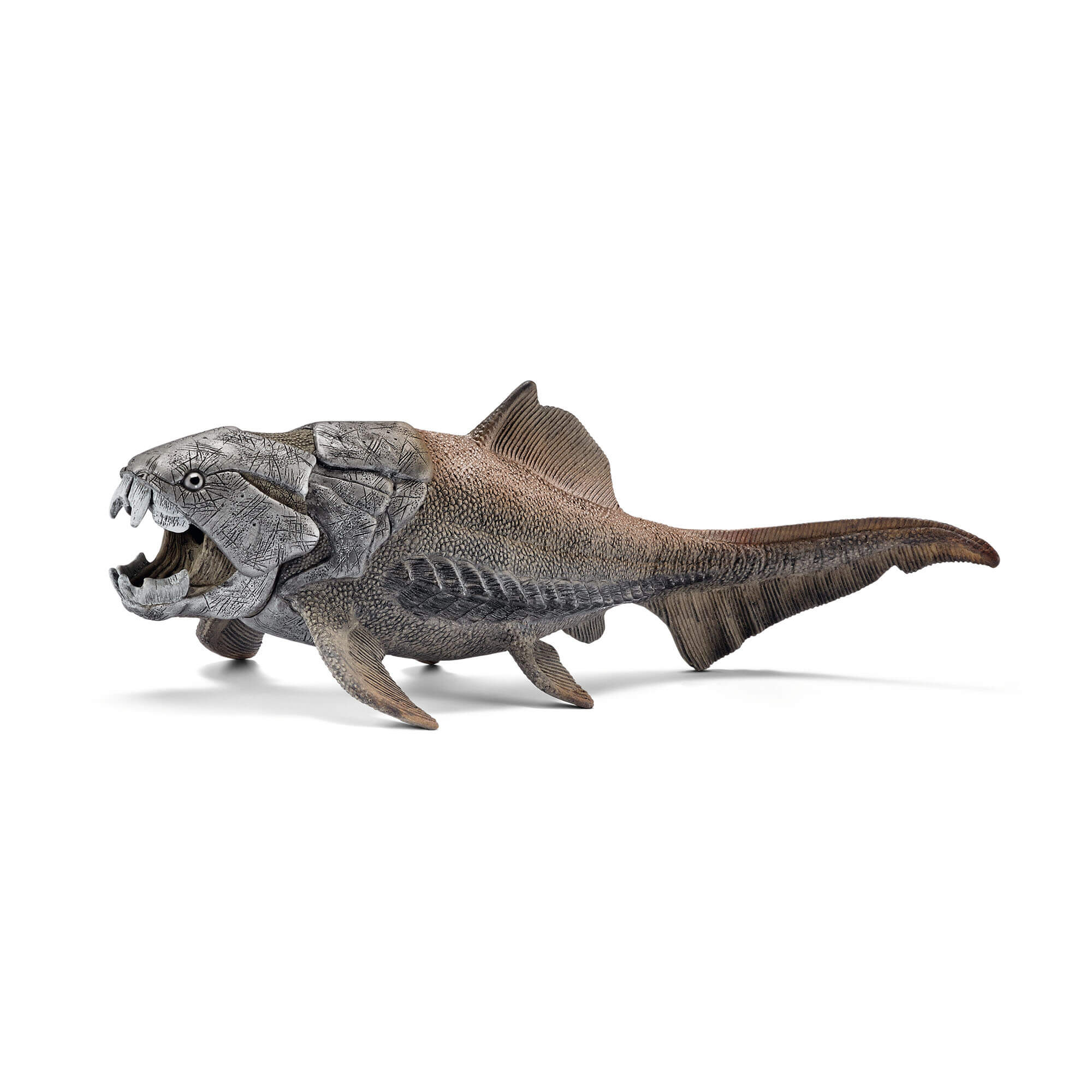 Schleich Dunkleosteus dinosaur-era fish figure in gray and brown textured plastic, with armored jaws, an open mouth, raised dorsal fin and long tail, shown in side view against a white background.