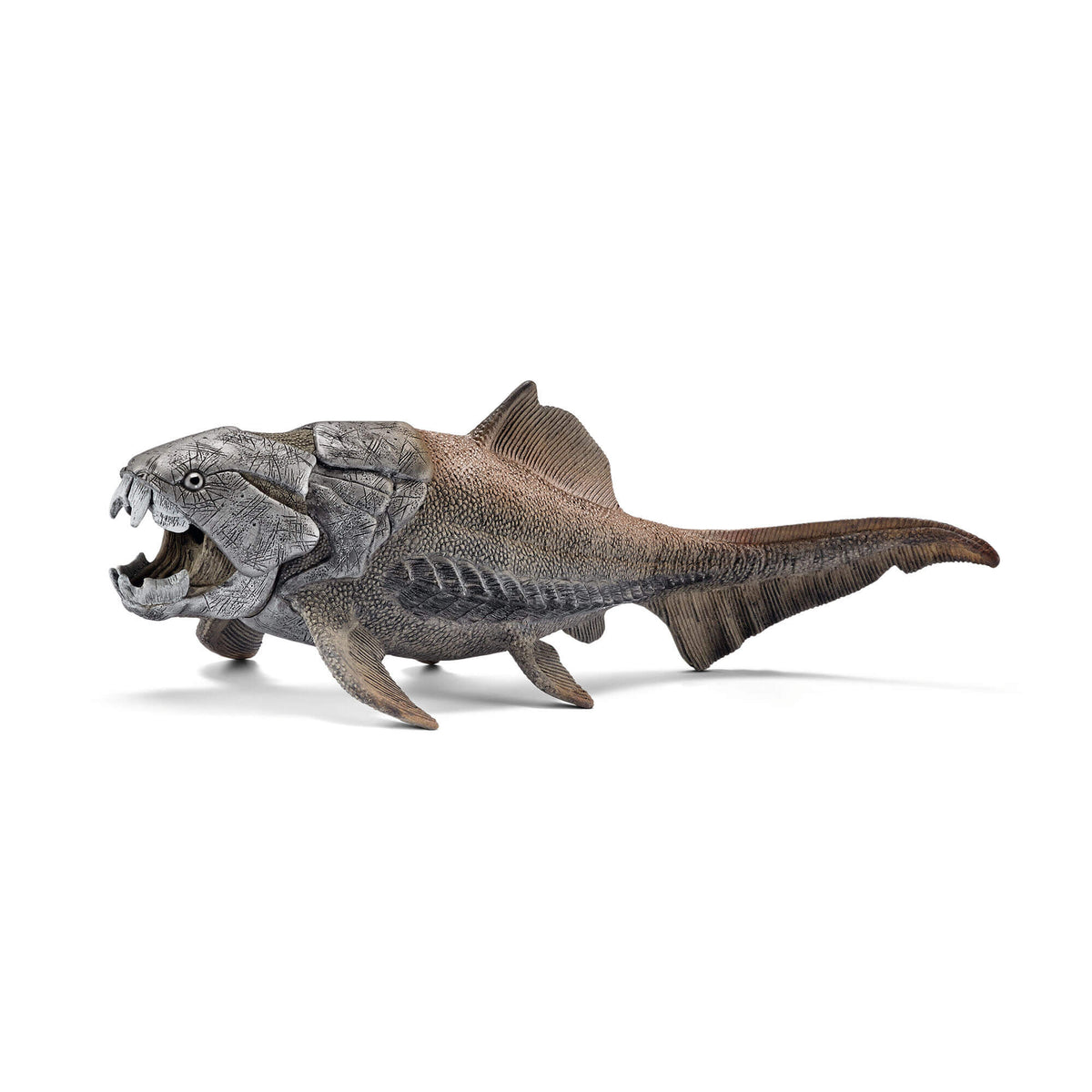 Schleich Dunkleosteus dinosaur-era fish figure in gray and brown textured plastic, with armored jaws, an open mouth, raised dorsal fin and long tail, shown in side view against a white background.
