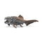 Schleich Dunkleosteus dinosaur-era fish figure in gray and brown textured plastic, with armored jaws, an open mouth, raised dorsal fin and long tail, shown in side view against a white background.