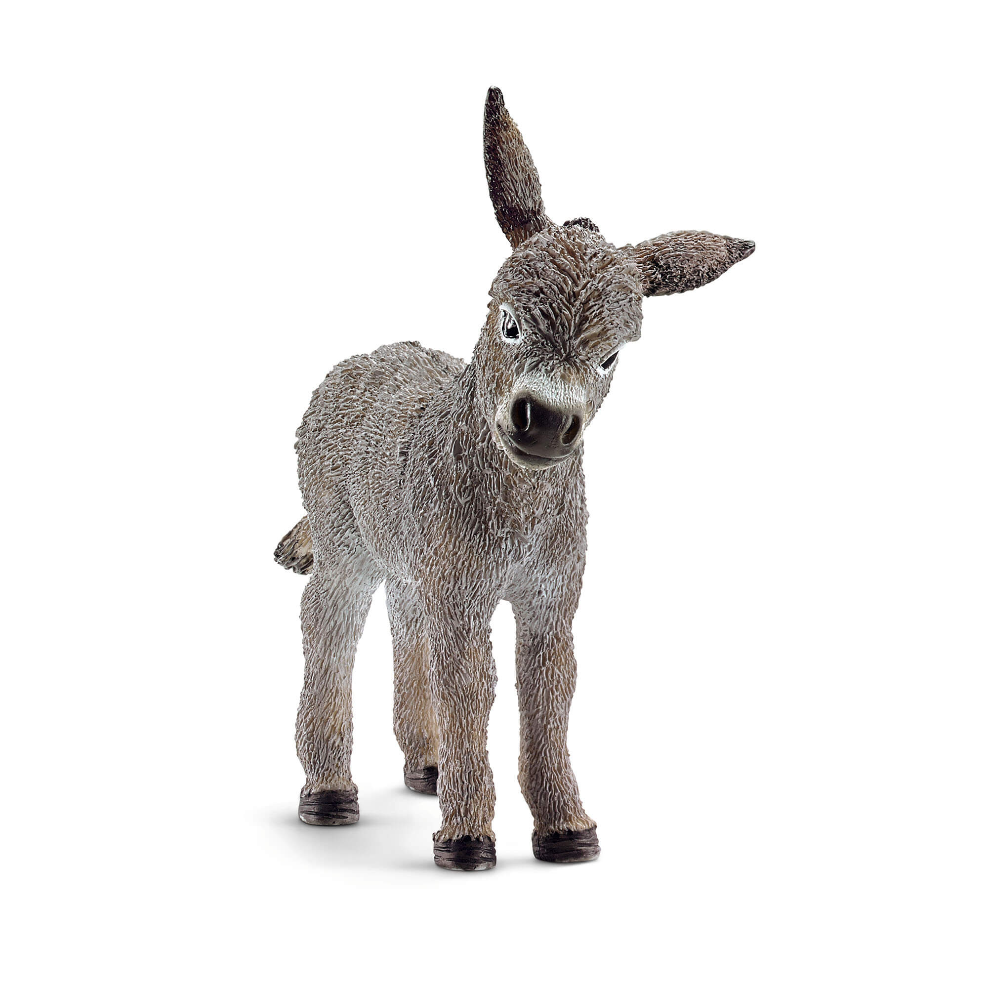 Gray-brown Schleich Farm World donkey foal figurine features textured shaggy fur, long upright ears, a pale muzzle and dark hooves, standing with its head tilted against a white background.