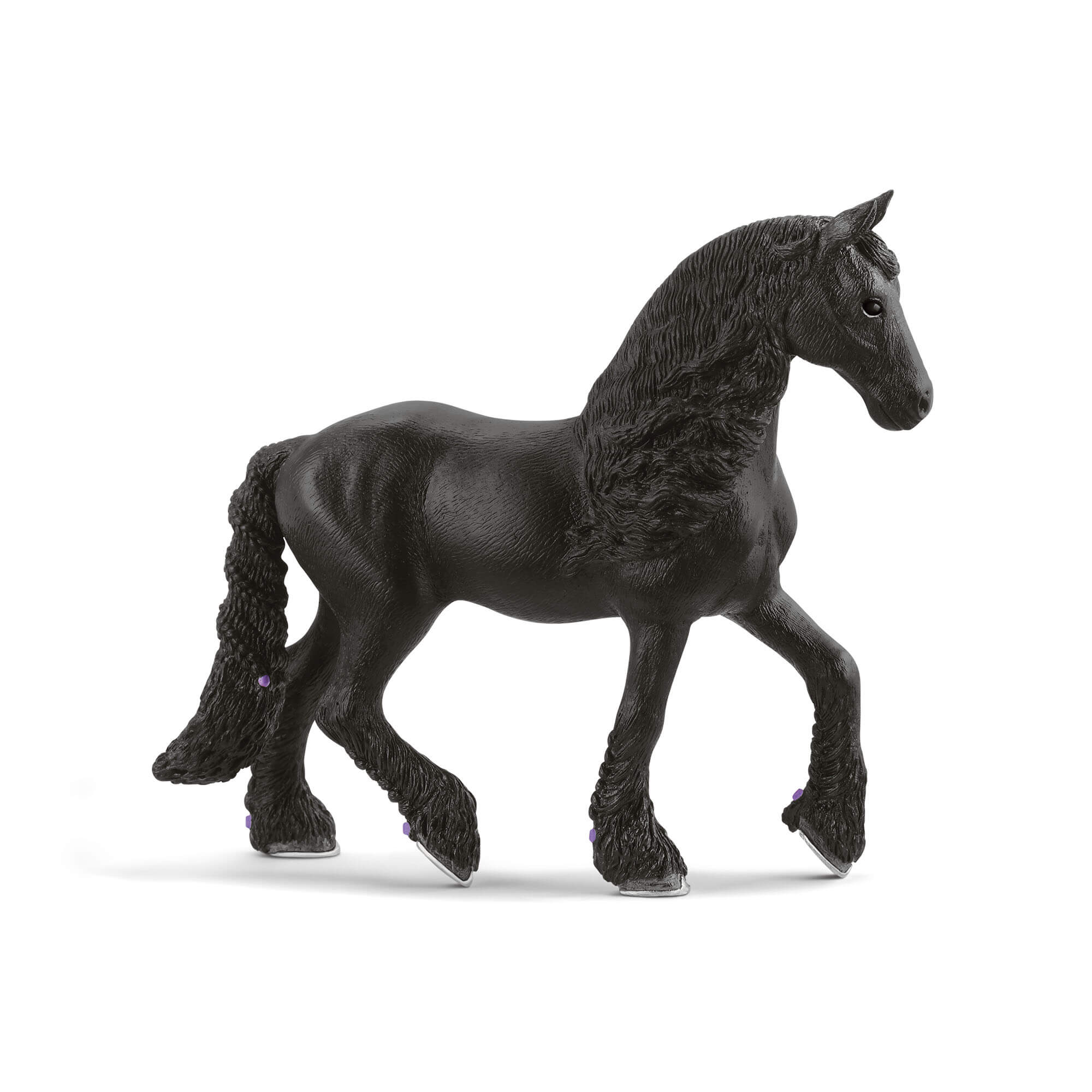 Black Schleich Horse Club Friesian mare figurine features a glossy coat, long wavy mane, thick feathered legs and flowing tail, posed mid-step with one front hoof raised against a white background.