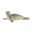 Gray and cream Schleich seal figurine features a finely textured body, scattered dark spots, black eyes and short front flippers, resting with its head raised against a plain white background.