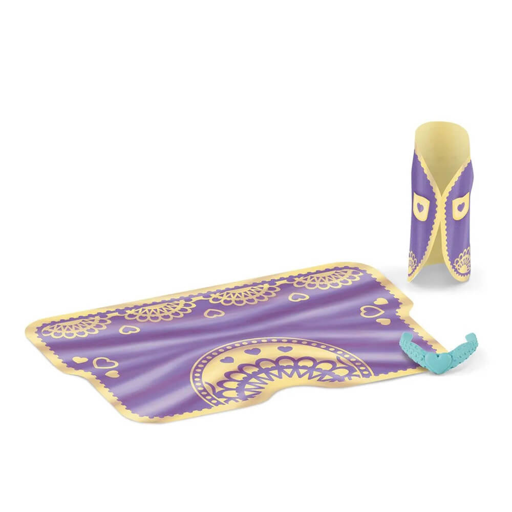 Purple and gold Schleich Sofia's Beauties horse accessories include a patterned blanket, matching upright piece and turquoise heart band, arranged together on a white background.