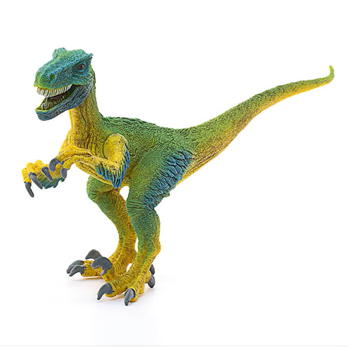 Side to front view of the Schleich Velociraptor.