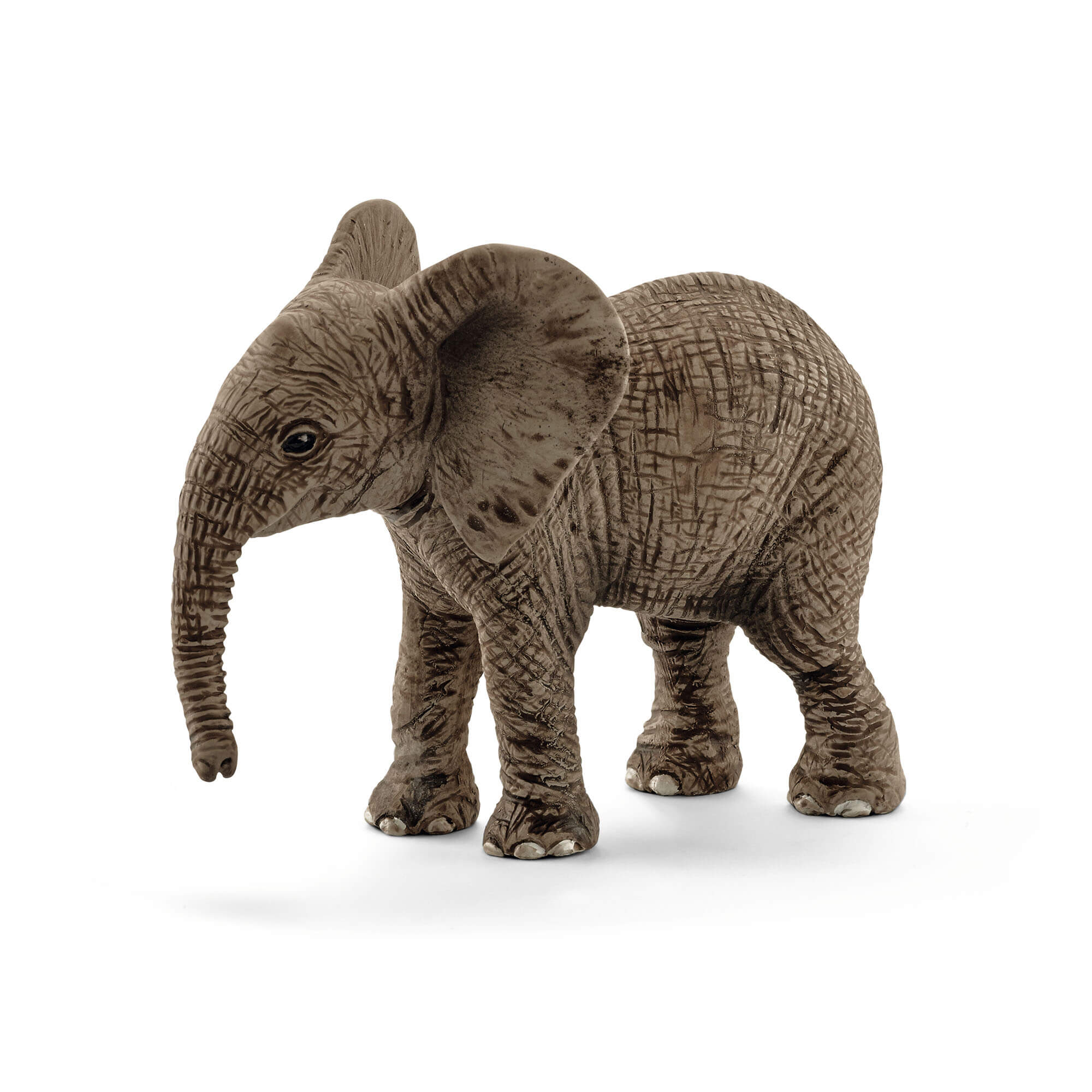 Gray Schleich Wild Life African elephant calf toy figure with textured, wrinkled skin, large rounded ears, a lowered trunk and four sturdy legs, standing against a plain white studio background.