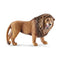 Schleich Wild Life roaring lion toy figure with golden tan textured fur, a thick dark brown mane, muscular body, and open mouth showing sharp teeth, standing on four paws against a white background.