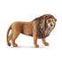 Schleich Wild Life roaring lion toy figure with golden tan textured fur, a thick dark brown mane, muscular body, and open mouth showing sharp teeth, standing on four paws against a white background.