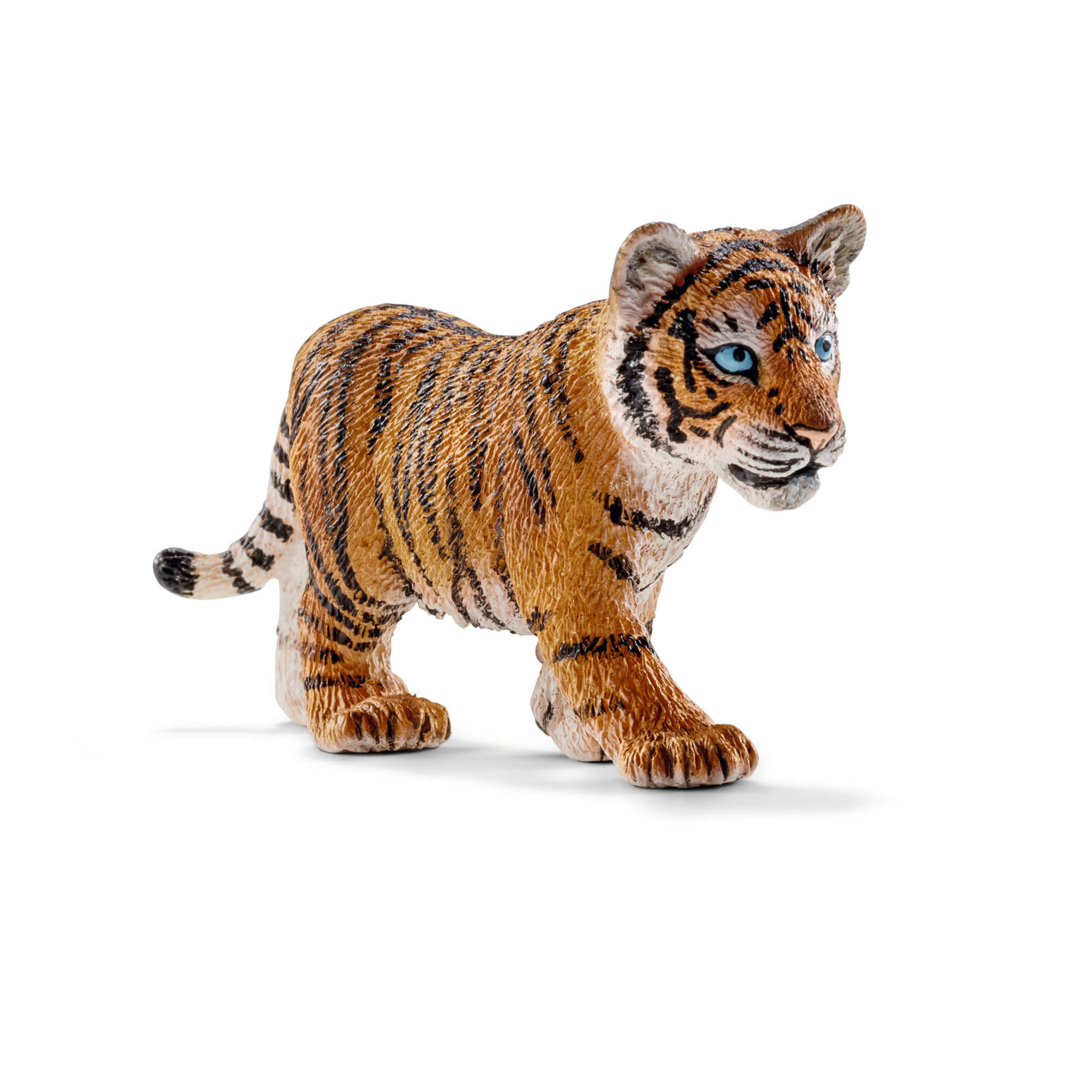 Schleich Wild Life tiger cub toy figure with orange textured fur, black stripes, white cheeks, blue eyes, and a striped tail, standing with one paw forward against a plain white background.