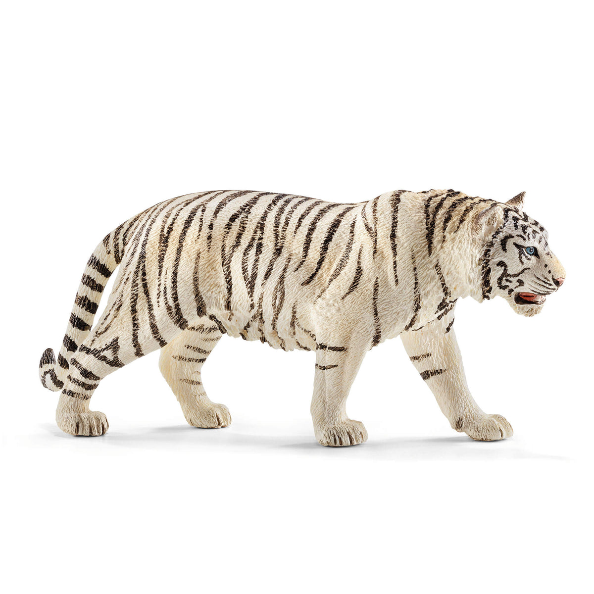Schleich Wild Life white tiger toy figure with textured ivory fur, dark brown stripes, a muscular walking pose, blue eyes, and an open mouth, shown in side profile against a plain white background.