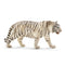 Schleich Wild Life white tiger toy figure with textured ivory fur, dark brown stripes, a muscular walking pose, blue eyes, and an open mouth, shown in side profile against a plain white background.