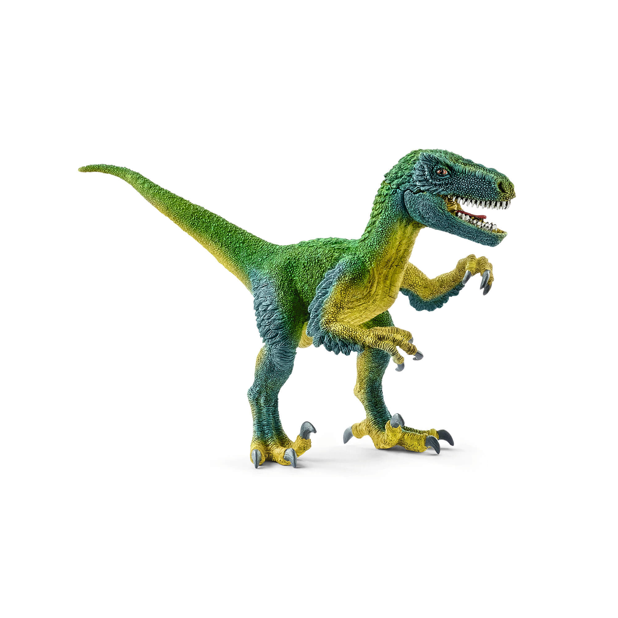 Front quarter view of the Schleich Velociraptor Dinosaur Figure featured in dark and light greens with touches of yellow highlights. 