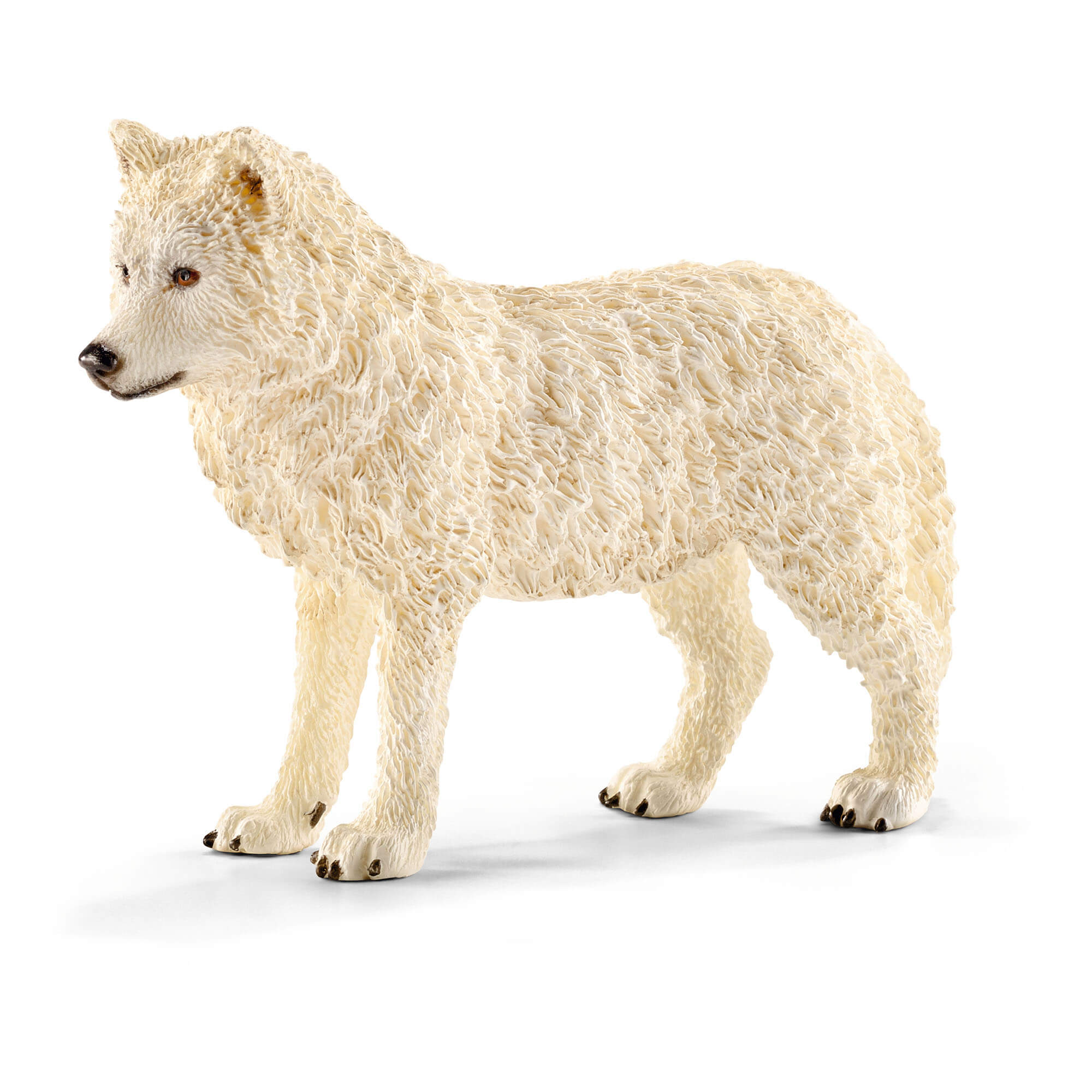 Schleich Artic Wolf Animal Figure. The Schleich white wolf is shown from the side.