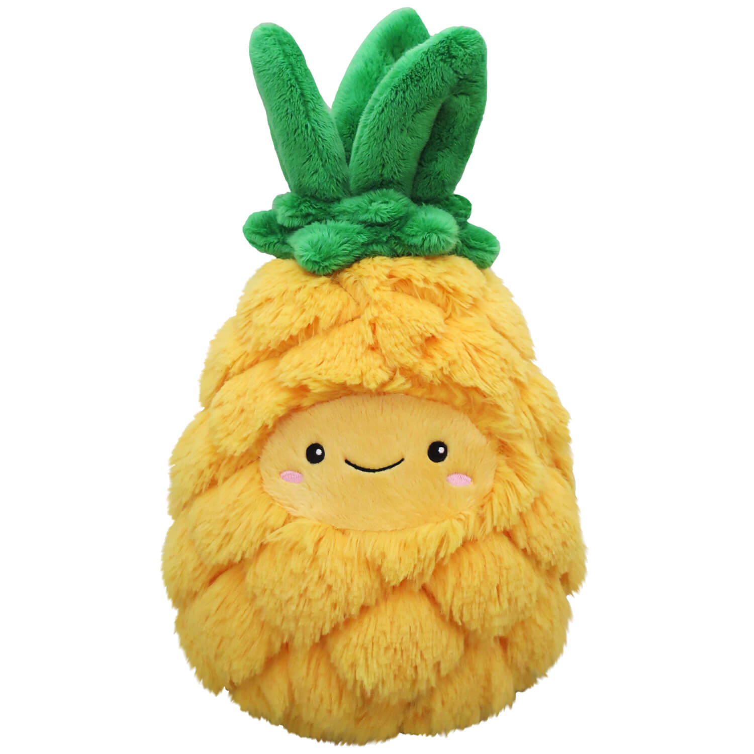 Squishables Comfort Food Mini Pineapple plush is yellow with a green top and smiley face.