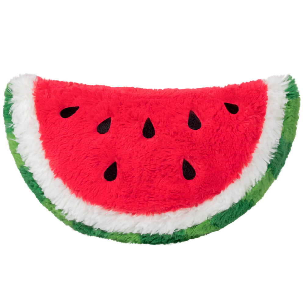 Squishables Comfort Food Mini Watermelon plush in the classic green skin and red flesh with black seeds.