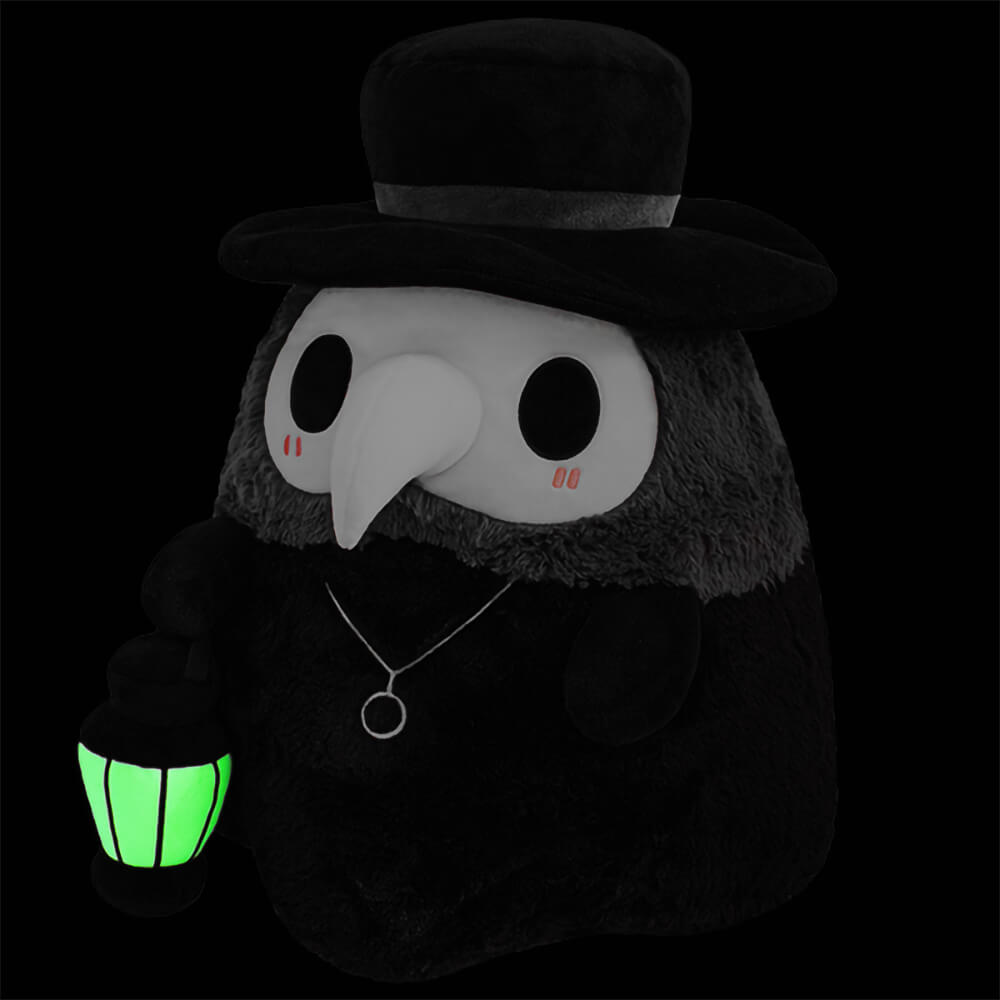 Dimly lit Squishables Plague Doctor shows plush lantern glowing.