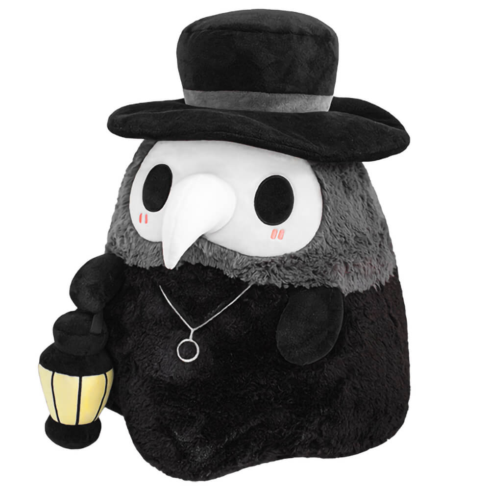 Squishables Plague Doctor 16 Inch plush is black and grey with a white face and holds a lantern.