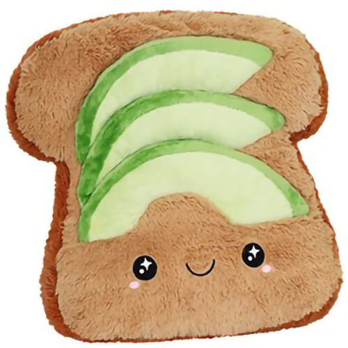Squishable Avocado Toast is tan with green avocado and a smiling face.