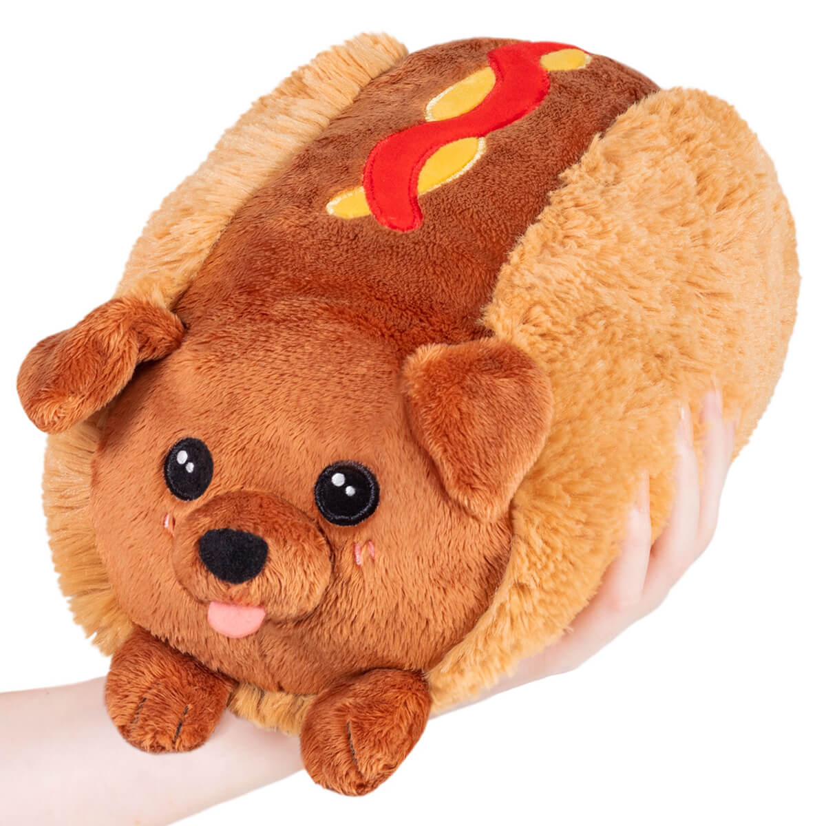 Snugglemi Snackers Dachshund Hot Dog Plush from Squishables sits in a plush role with catsup and mustard.