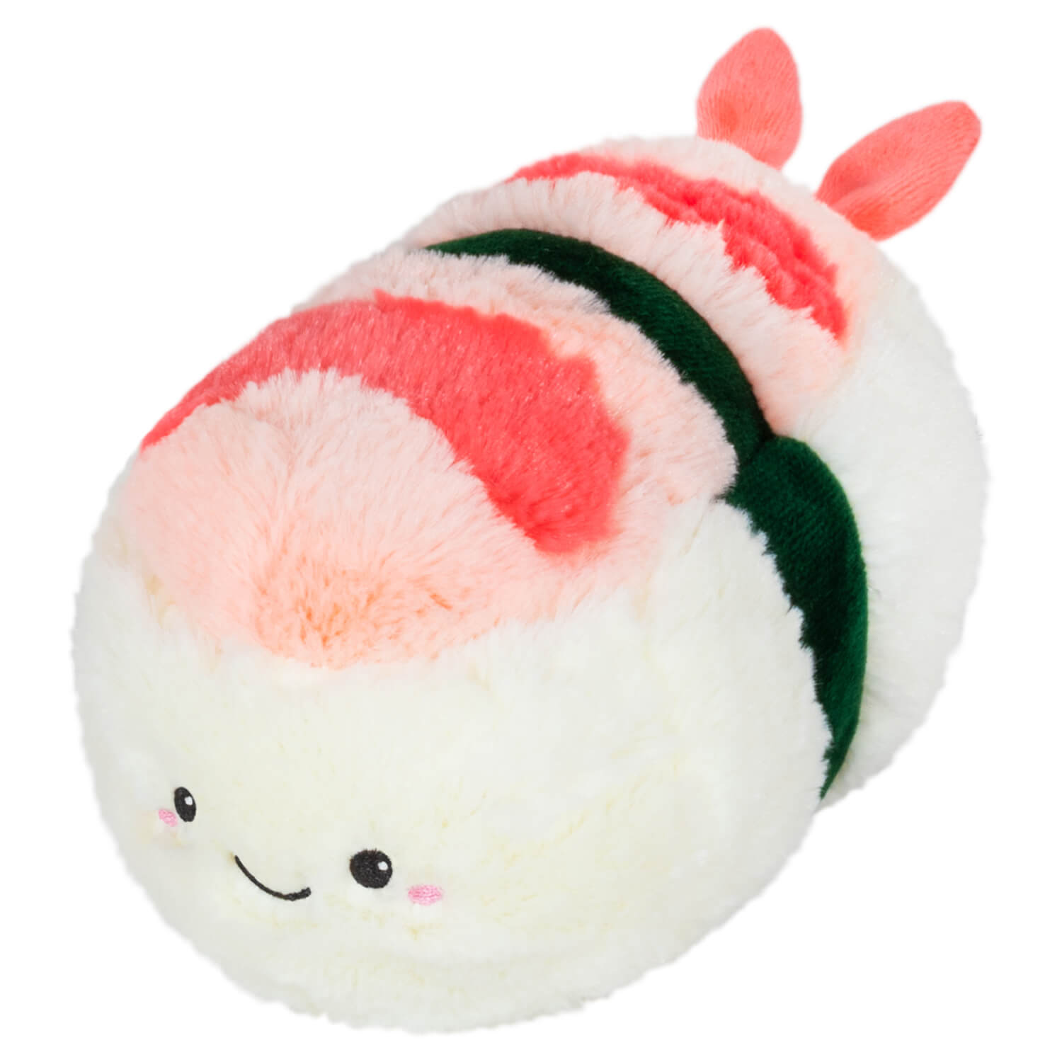 Front angle of the Snugglemi Snackers Shrimp Sushi plush from Squishables. Primarly white with pink.