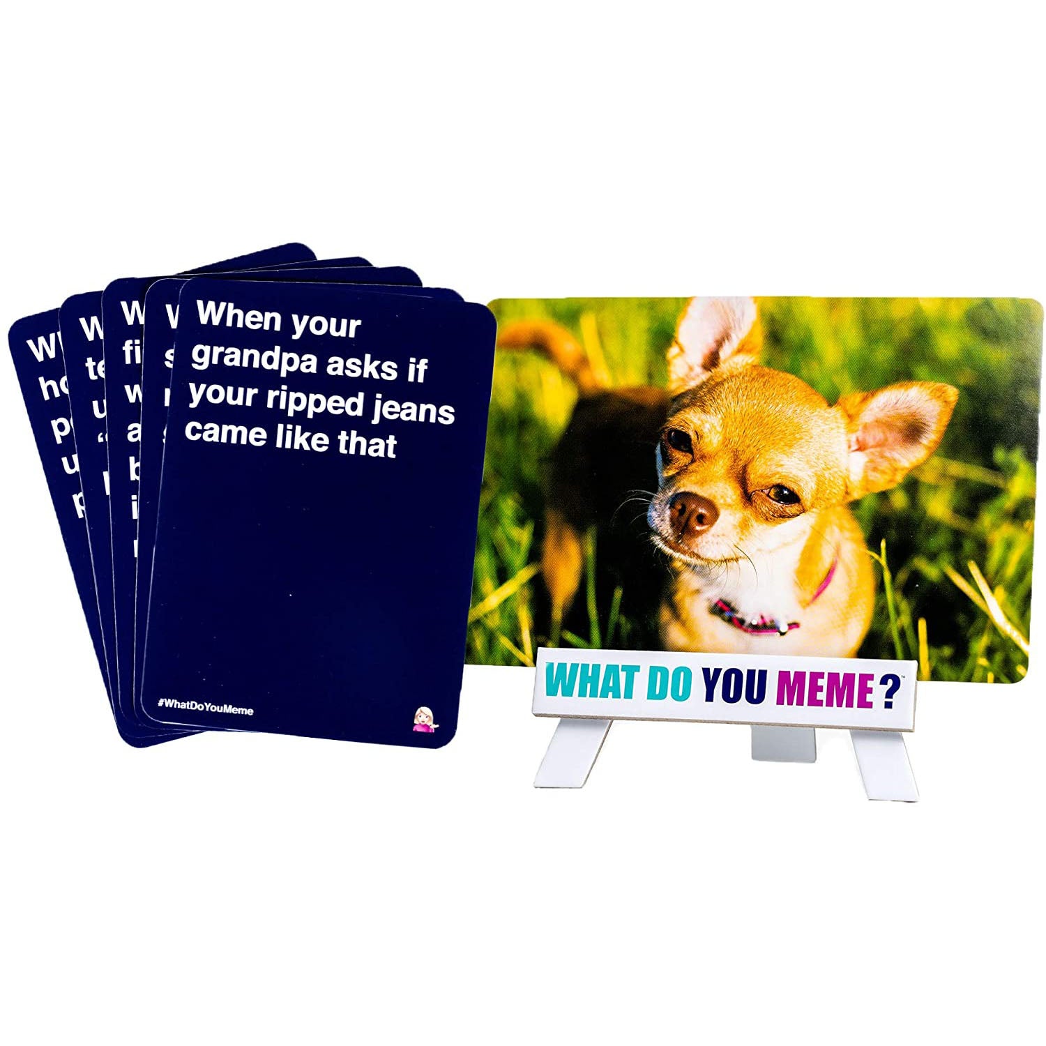 Basic Bitch What Do You Meme Card showing a chihuahua and player cards say "When your grandpa asks if your ripped jeans came like that"