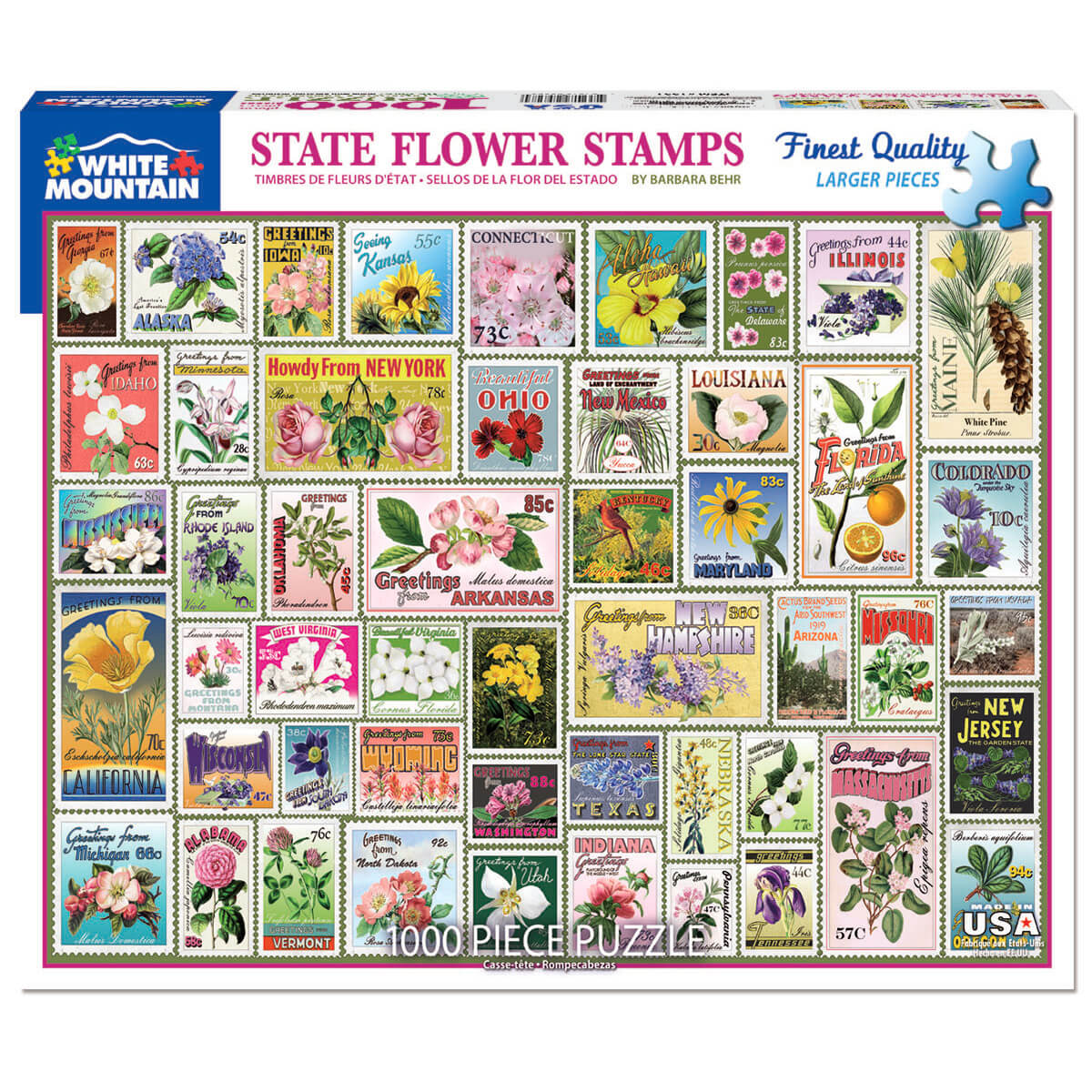 White Mountain Puzzles State Flower Stamps 1000 Piece Jigsaw Puzzle